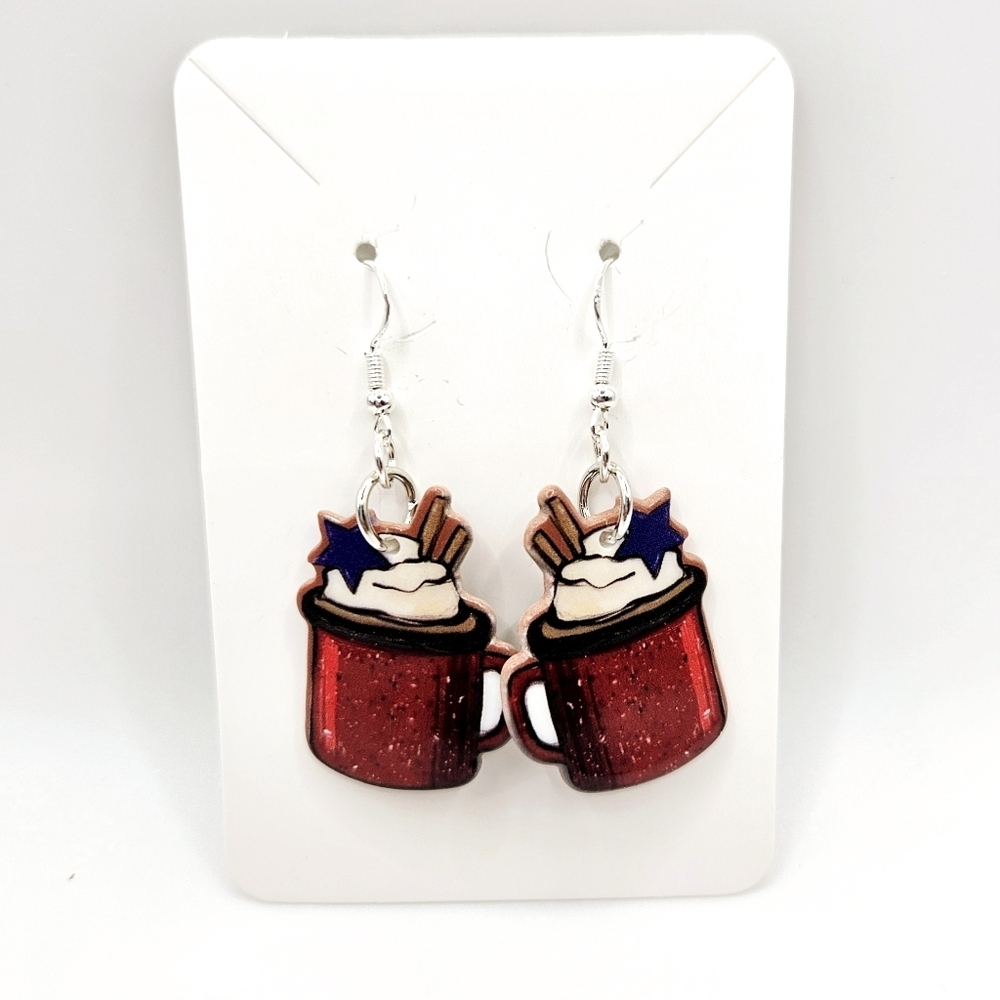 USA Patriotic America Hot Cocoa Latte Mug Whip Cream 4th of July Earrings New